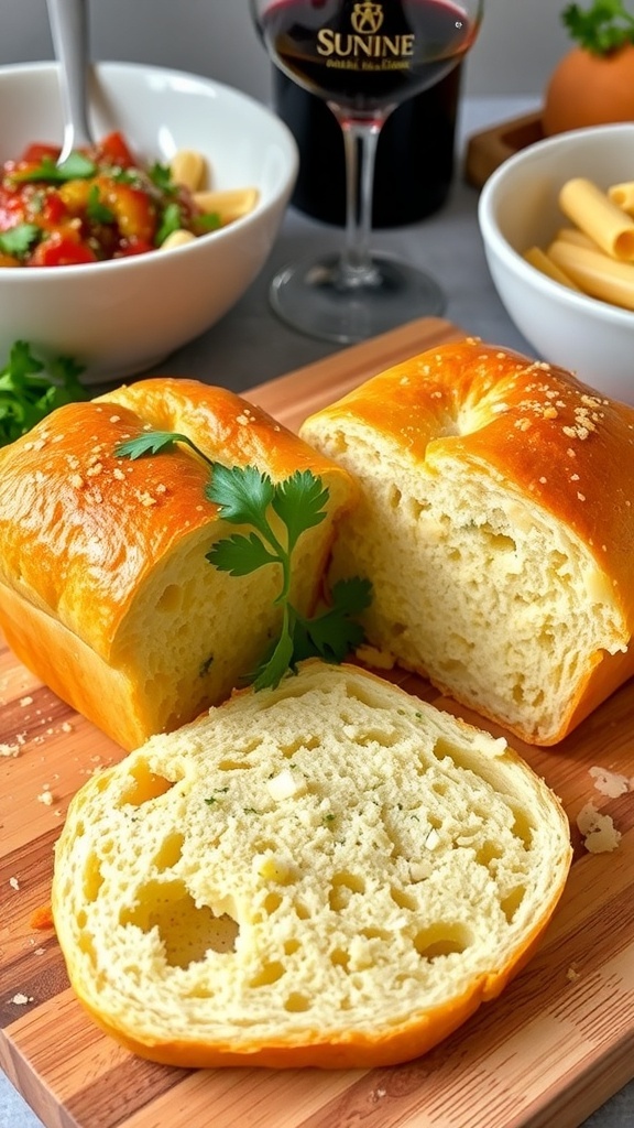Sliced garlic bread with garlic butter and parsley, served on a wooden board next to a bowl of pasta.